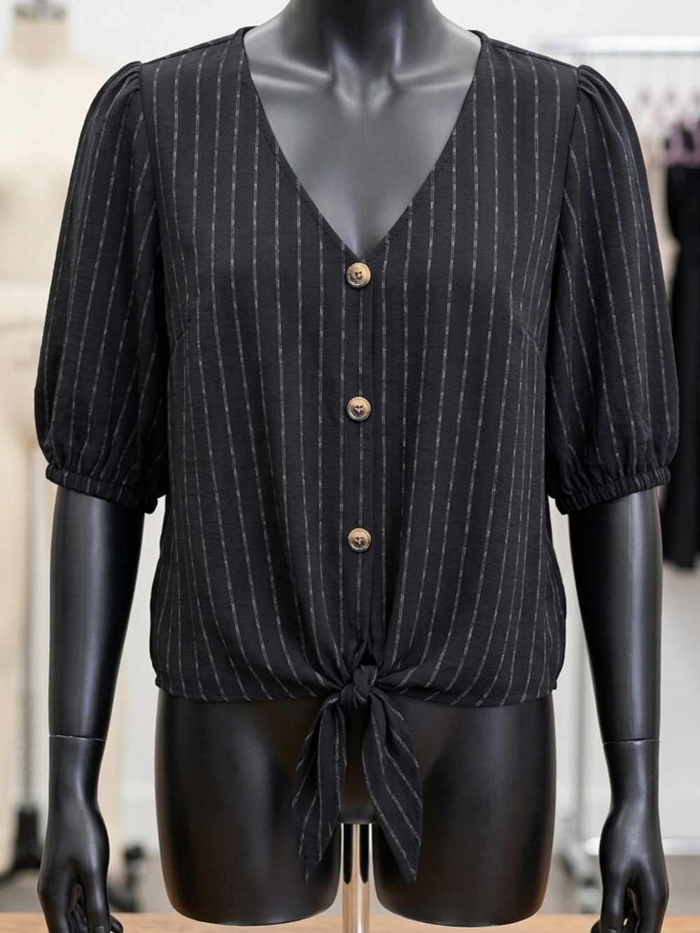 Black Pinstripe Tie-Front V-Neck Top